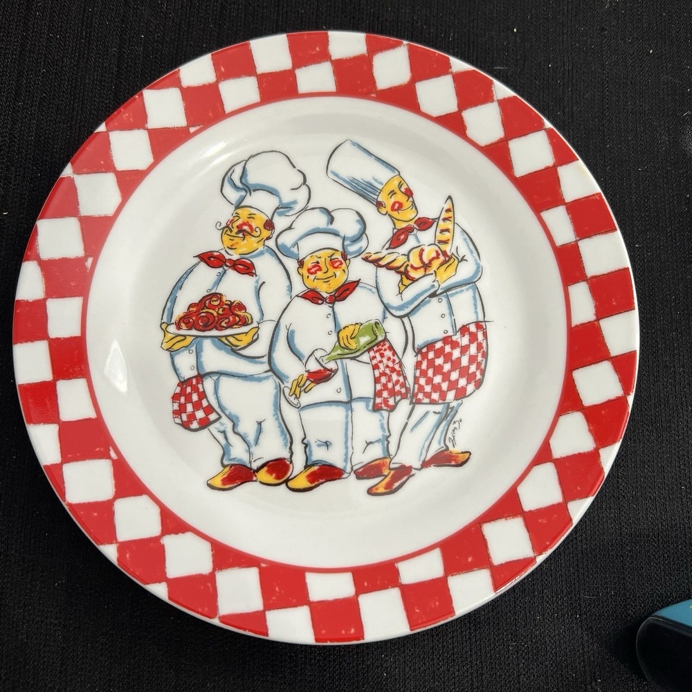 I Godinger & Co‎ Fat Chefs Salad Plate Red White Checkered Border 7.5 Inch Round